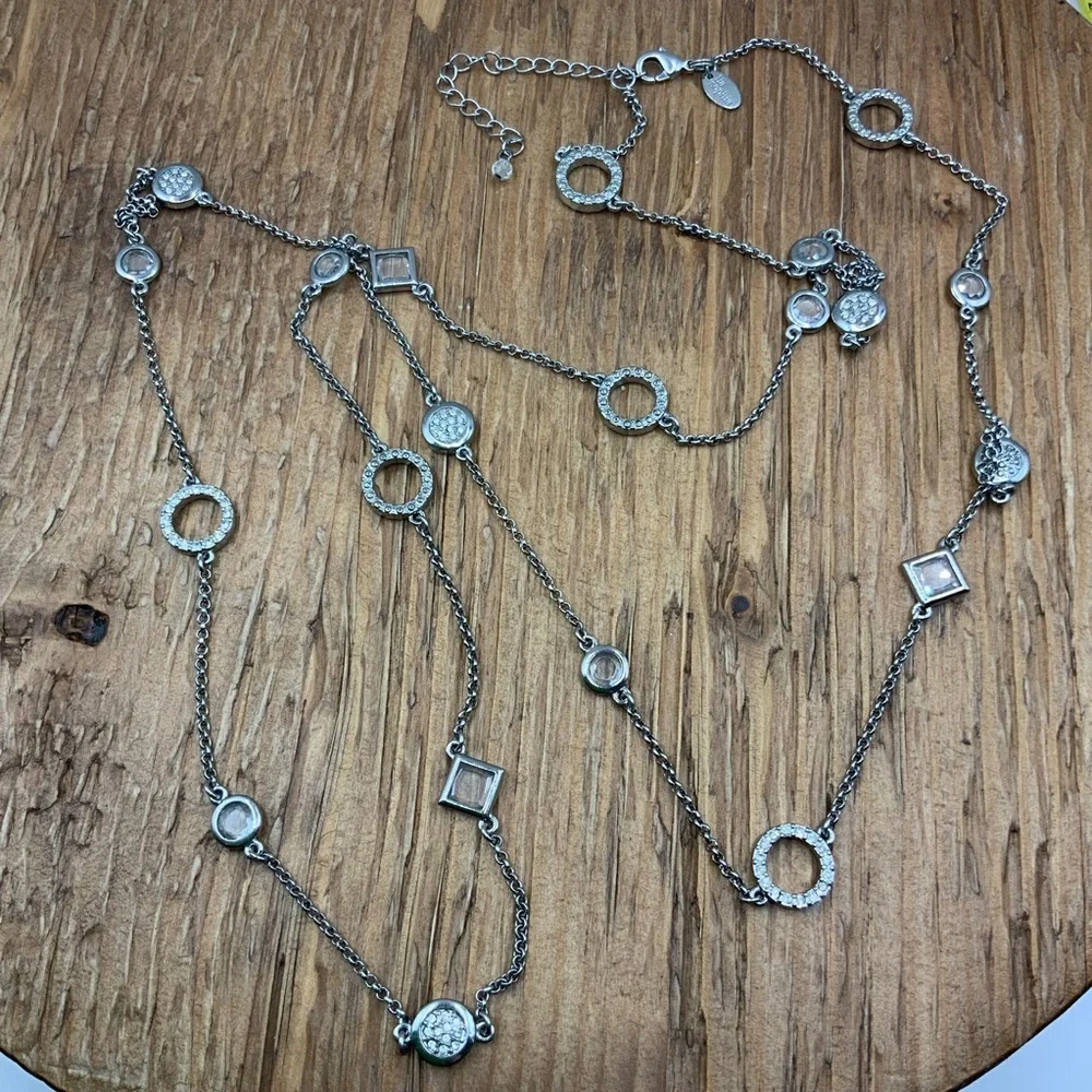 Lia Sophia Long Station Style Geometric Shapes Rhinestone Silver Tone Necklace